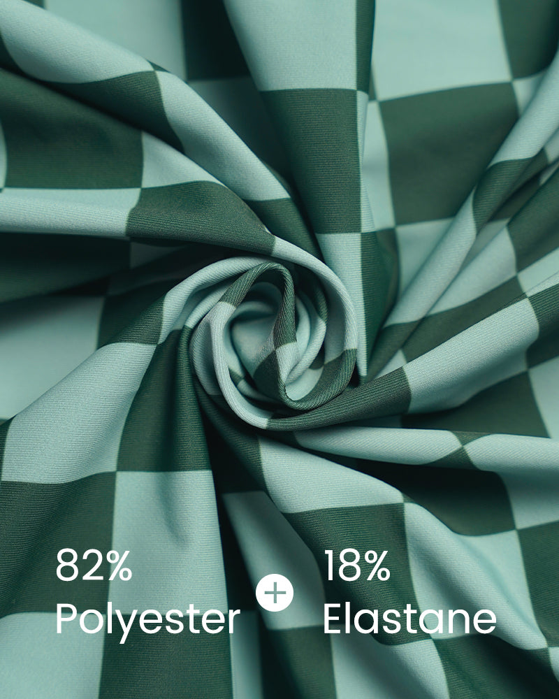 Maillot de Bain Une Pièce Femme à Manches Courtes à Carreaux Verts