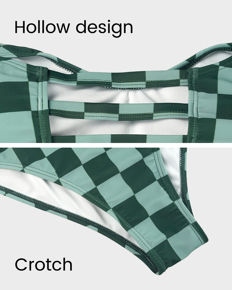 Maillot de Bain Une Pièce Femme à Manches Courtes à Carreaux Verts