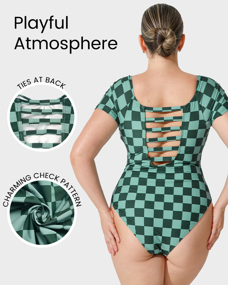 Maillot de Bain Une Pièce Femme à Manches Courtes à Carreaux Verts