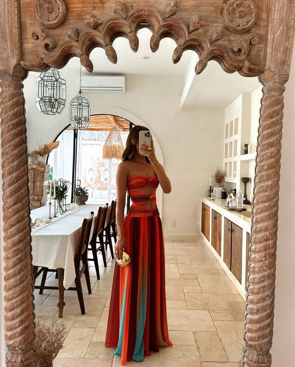 Abito lungo donna senza spalline in chiffon fluido – Stile elegante