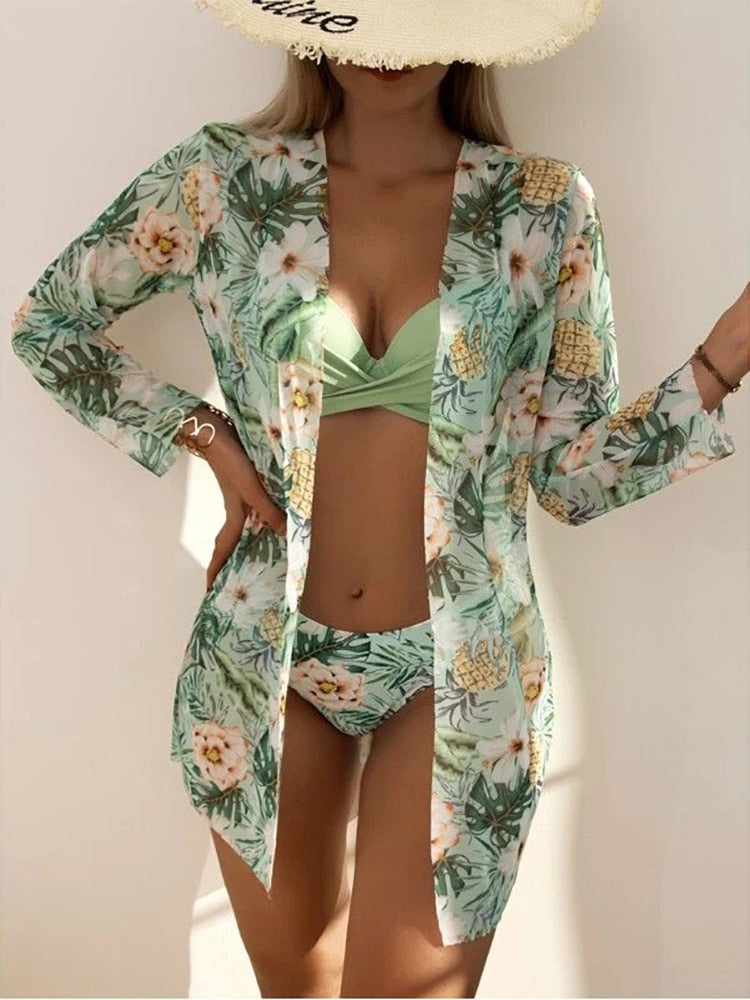 Women's Floral Bikini Beach Vacation 3-Piece Set with Cover-Up Dress Green Purple – Beach Flowers