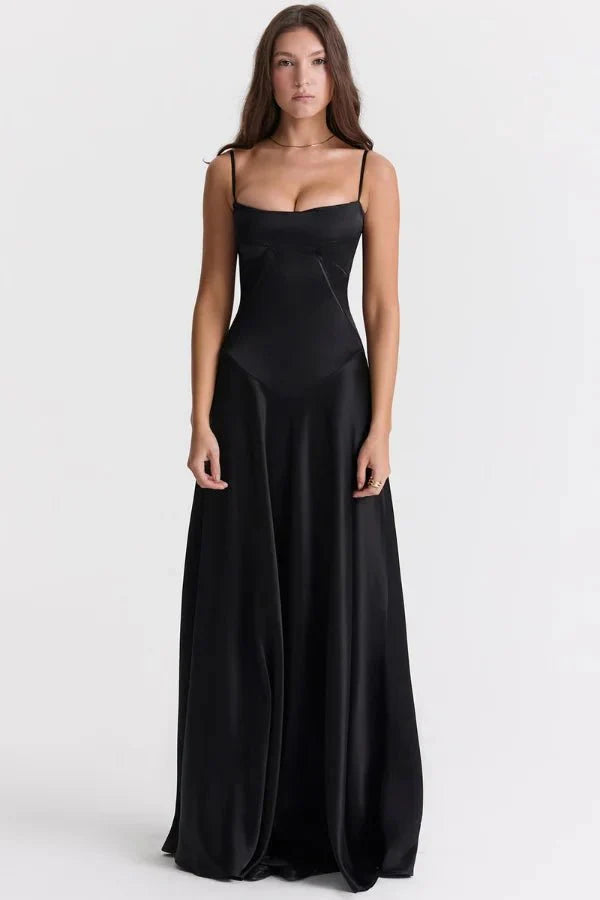 Robe Invitée de Mariage Longue Femme Satin Soie Bretelles Rouleau Dos Lacé Corset Drapé Noir – Gabriella