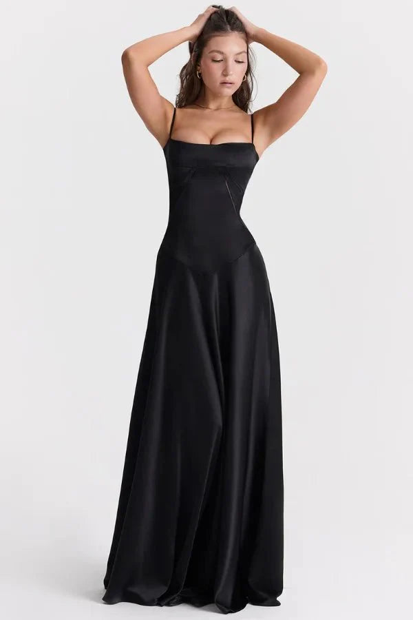 Robe Invitée de Mariage Longue Femme Satin Soie Bretelles Rouleau Dos Lacé Corset Drapé Noir – Gabriella