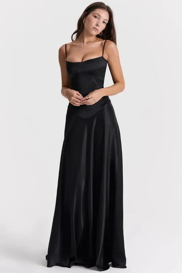Robe Invitée de Mariage Longue Femme Satin Soie Bretelles Rouleau Dos Lacé Corset Drapé Noir – Gabriella