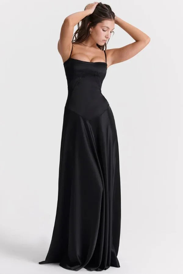 Robe Invitée de Mariage Longue Femme Satin Soie Bretelles Rouleau Dos Lacé Corset Drapé Noir – Gabriella