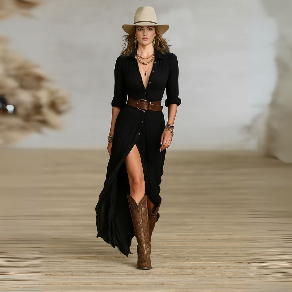 Vestido Largo Bohemio Mujer con Abertura Cinturón Cuello Chal Mangas Largas – Hayden