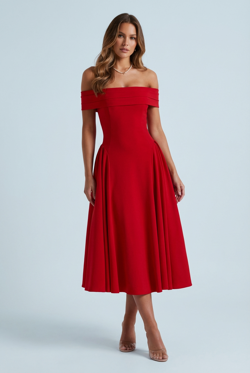 Évélisse | Abito da Sera Midi Plissettato con Spalle Scoperte Elegante Donna