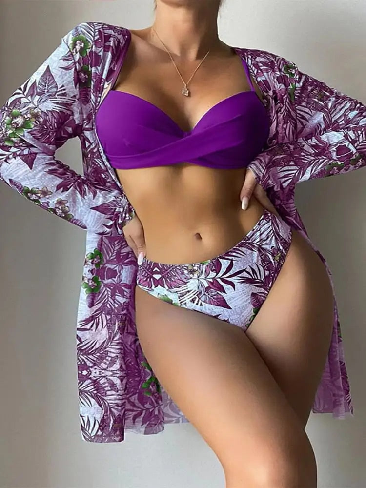 Women's Floral Bikini Beach Vacation 3-Piece Set with Cover-Up Dress Green Purple – Beach Flowers