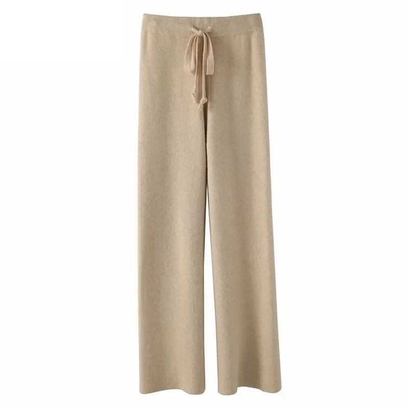 Knitted Pants Cashmere Look – Soft Lounge Pants with Wide Legs in Taupe