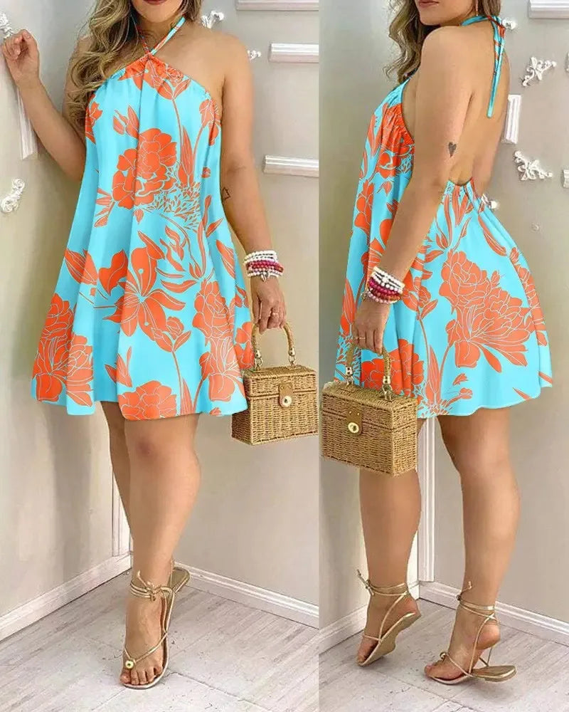 Vestido Corto Espalda Descubierta con Estampado Tropical – Estilo Vacaciones