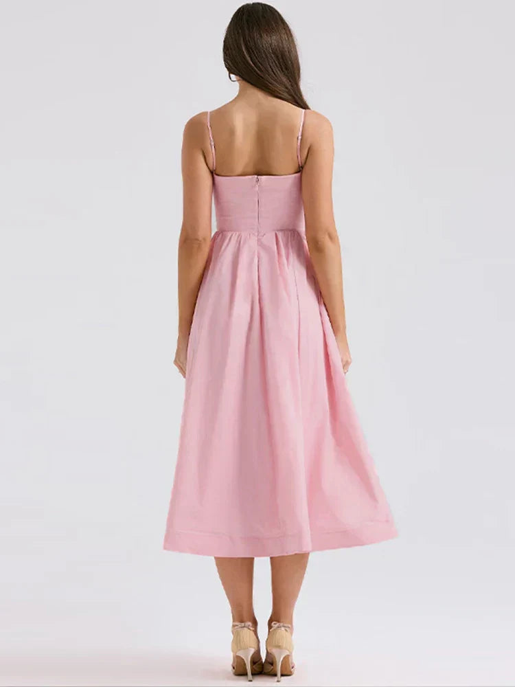 Robe d'été Midi Femme Ligne A Romantique Bretelles Spaghetti Taille Cintrée Touche Vintage Rose – Sans Nom