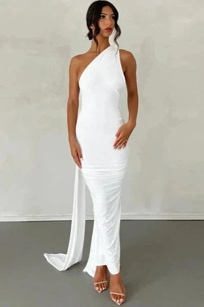 Robe Invitée de Mariage Longue Femme Une Épaule Sans Dos Boucle Foulard Ajustable Noire – Gwynn