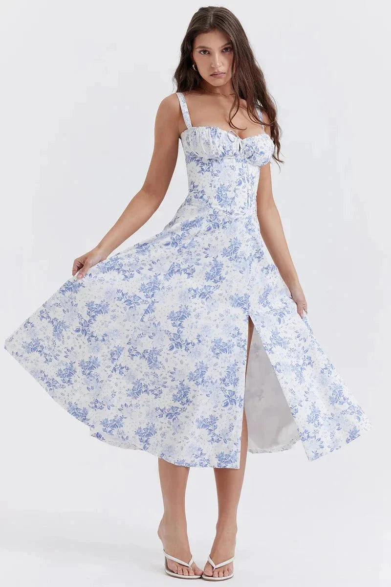 Robe Invitée de Mariage Midi Femme Polyester Corsage Froncé Nœud Dos Fente Latérale Floral – Linsay
