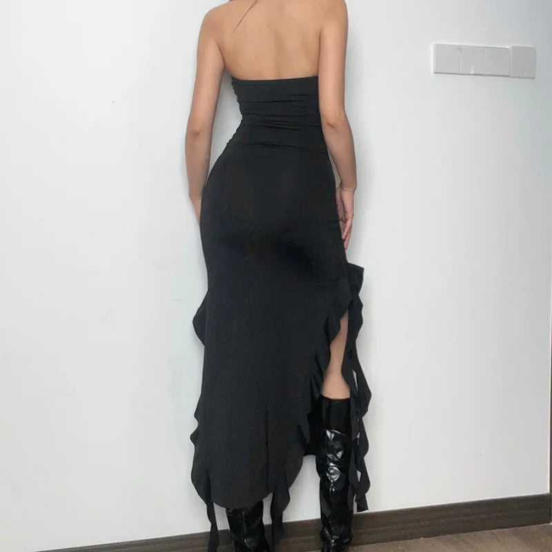 Vestido largo de noche asimétrico negro con abertura alta – Estilo Y2K