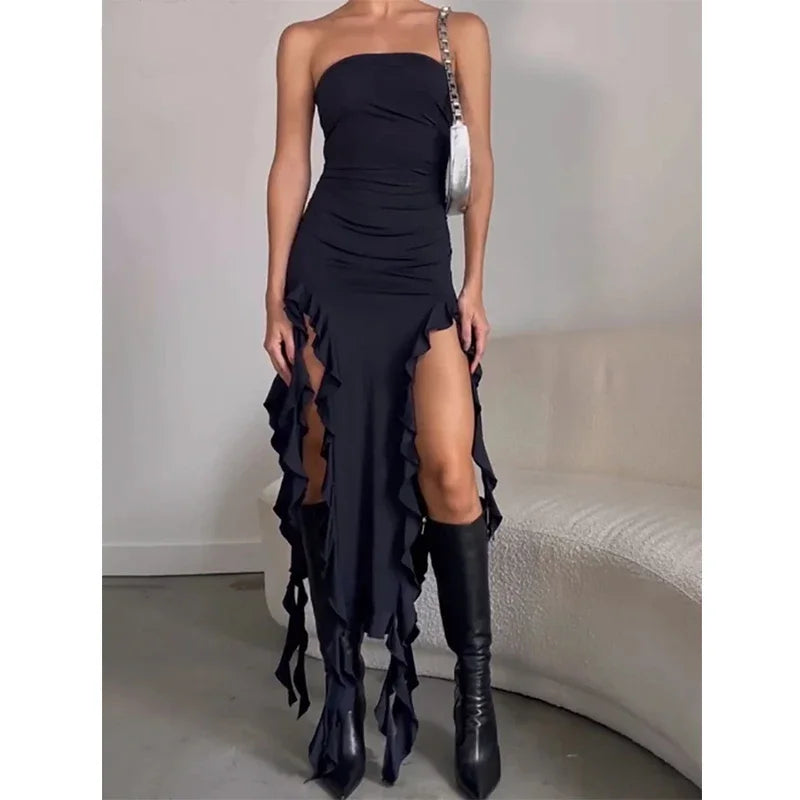 Vestido largo de noche asimétrico negro con abertura alta – Estilo Y2K