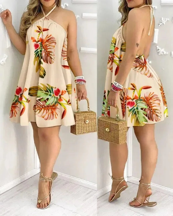 Vestido Corto Espalda Descubierta con Estampado Tropical – Estilo Vacaciones
