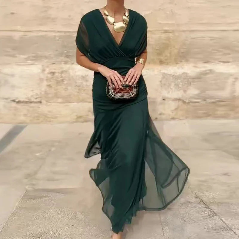 Vestido Largo Mujer Escote en V Estampado Floral Estilo Elegante Romántico Ocasión Chic – Laluna