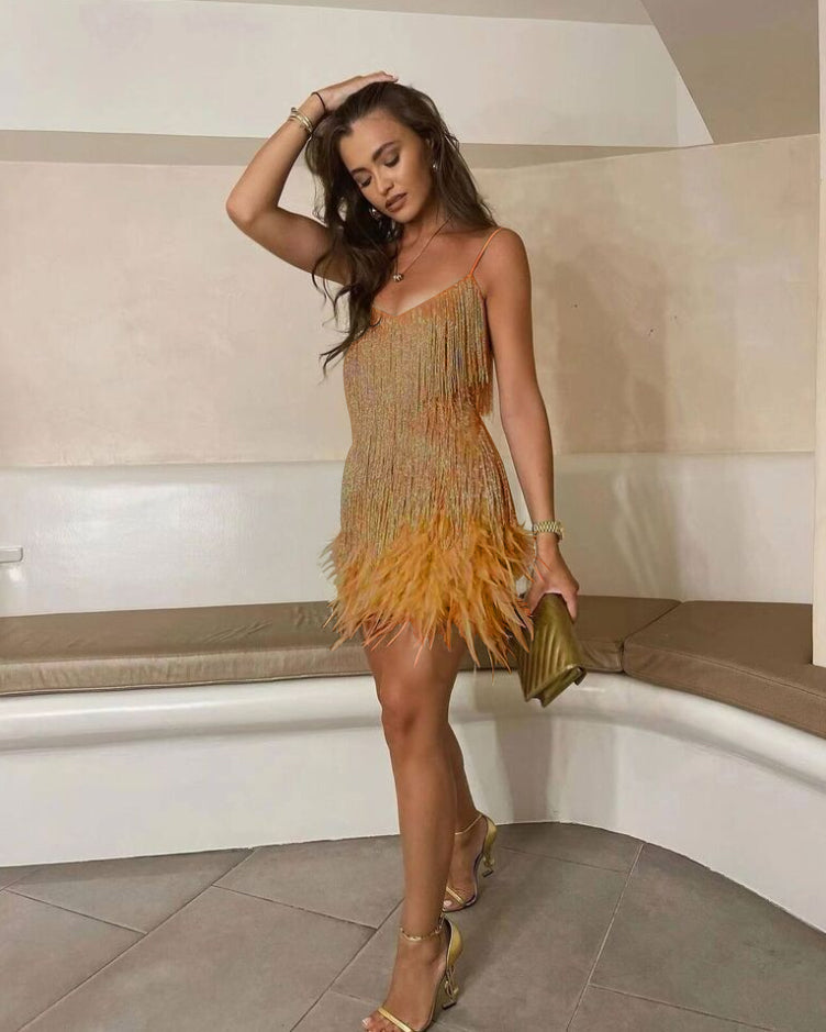 Robe Courte de Cocktail Femme à Franges et Bretelles Fines – Samba