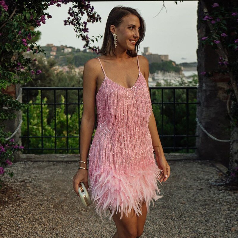 Robe Courte de Cocktail Femme à Franges et Bretelles Fines – Samba