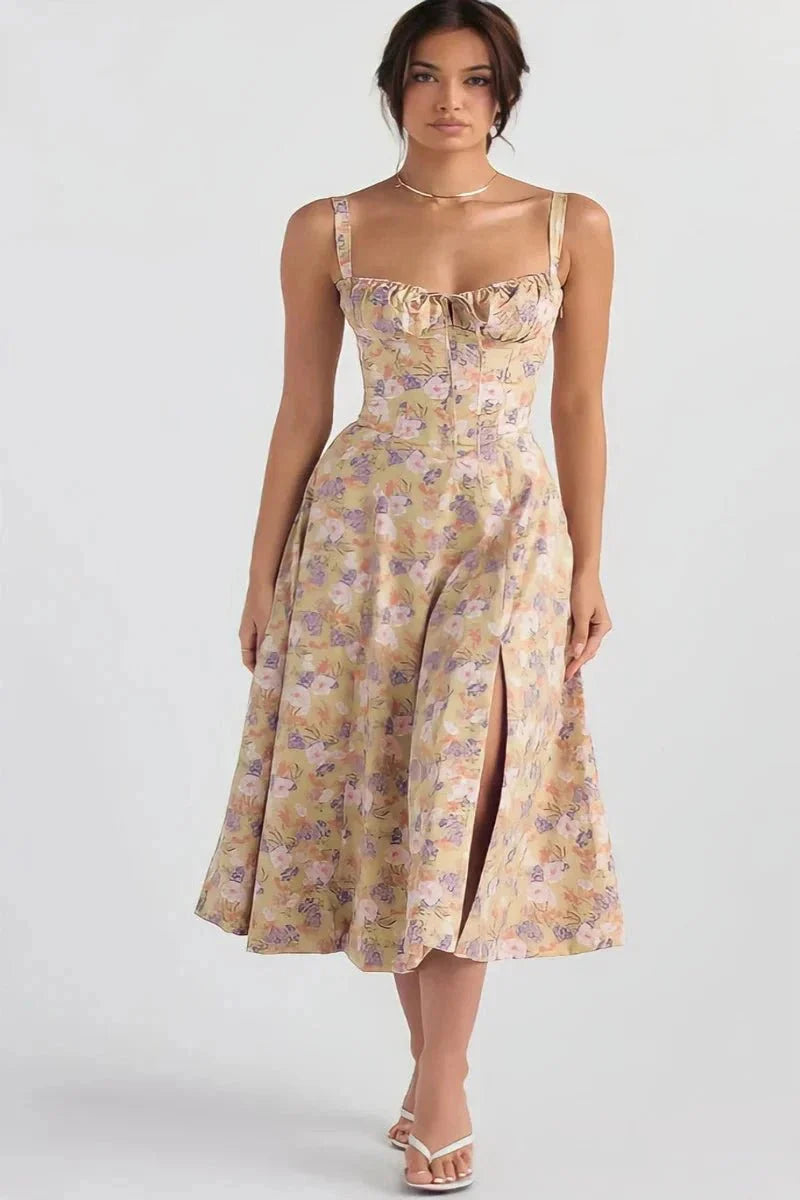 Robe Invitée de Mariage Midi Femme Polyester Corsage Froncé Nœud Dos Fente Latérale Floral – Linsay