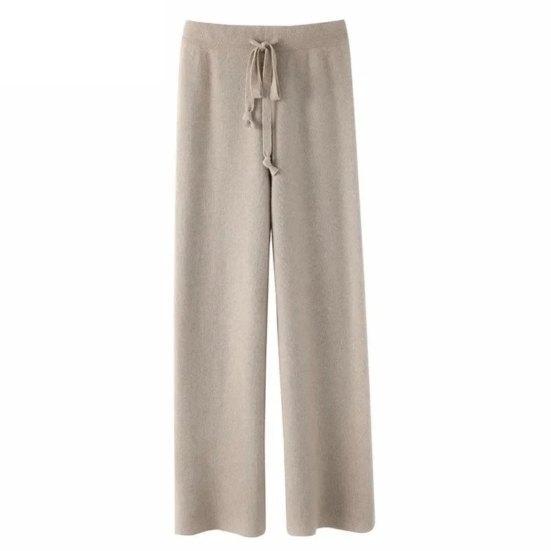 Knitted Pants Cashmere Look – Soft Lounge Pants with Wide Legs in Taupe