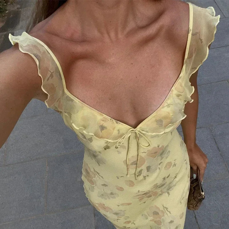Vestido largo de noche amarillo con flores y cuello en V – Cintura alta elegante