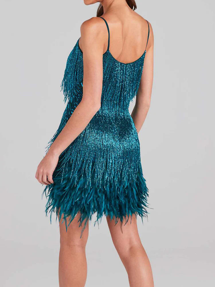 Robe Courte de Cocktail Femme à Franges et Bretelles Fines – Samba