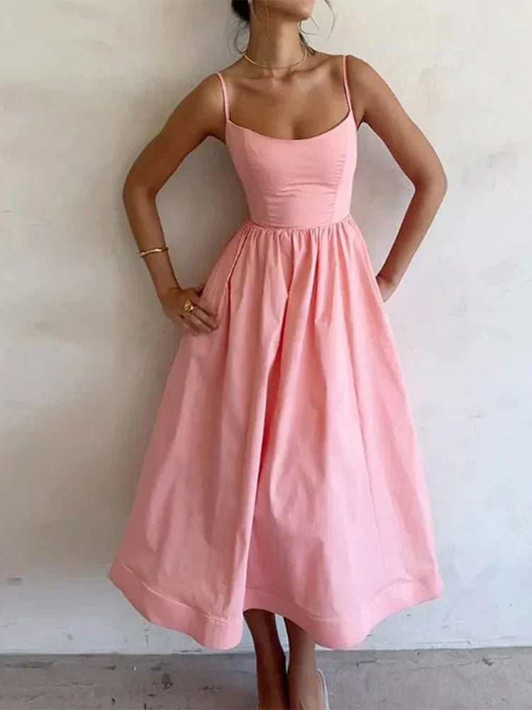 Robe d'été Midi Femme Ligne A Romantique Bretelles Spaghetti Taille Cintrée Touche Vintage Rose – Sans Nom
