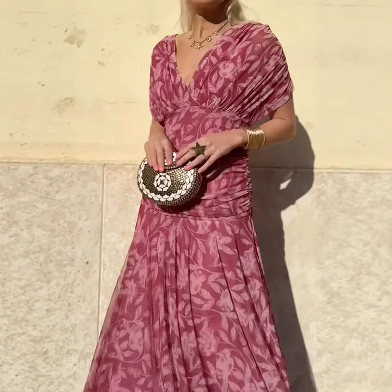 Robe Longue Femme Décolleté V Imprimé Floral Style Élégant Romantique Occasion Chic – Laluna