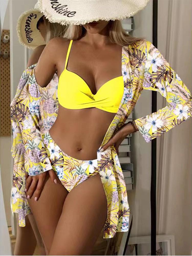 Women's Floral Bikini Beach Vacation 3-Piece Set with Cover-Up Dress Green Purple – Beach Flowers