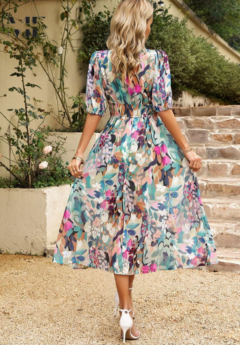 Robe Midi Florale Élégante avec Manches Bouffantes | Roxanne
