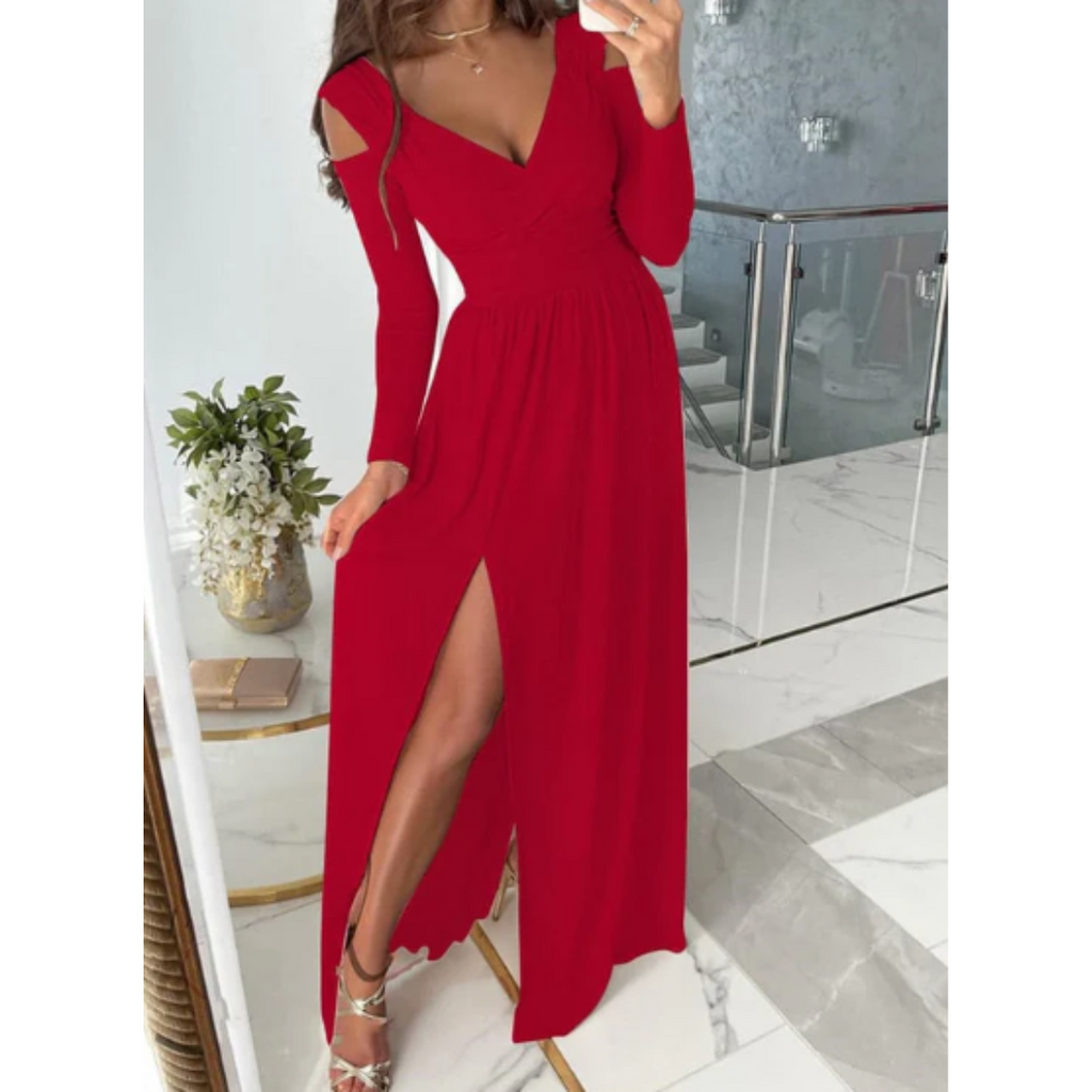 Robe de Soirée Longue Fendue Élégante Col V Manches Longues