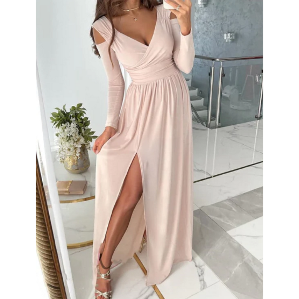 Robe de Soirée Longue Fendue Élégante Col V Manches Longues