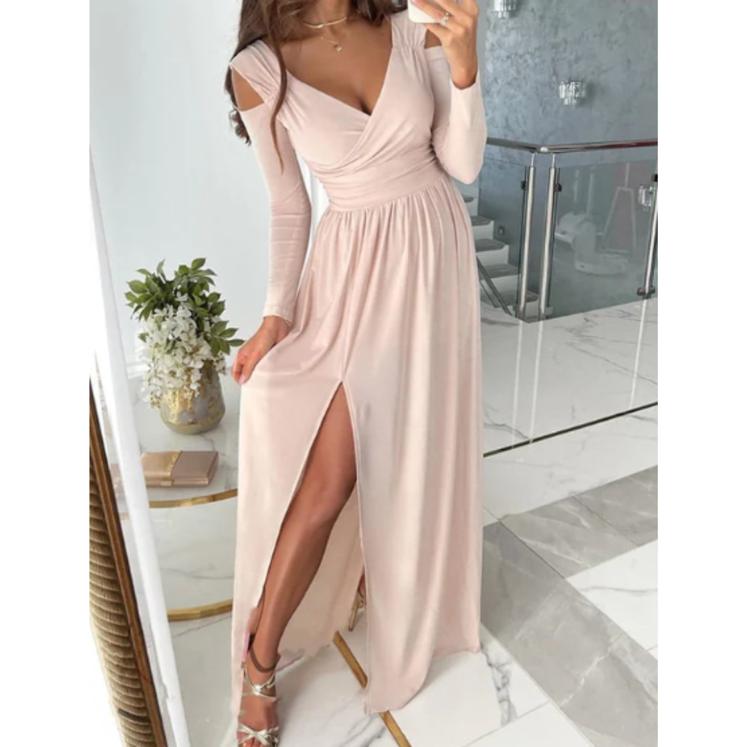 Robe de Soirée Longue Fendue Élégante Col V Manches Longues