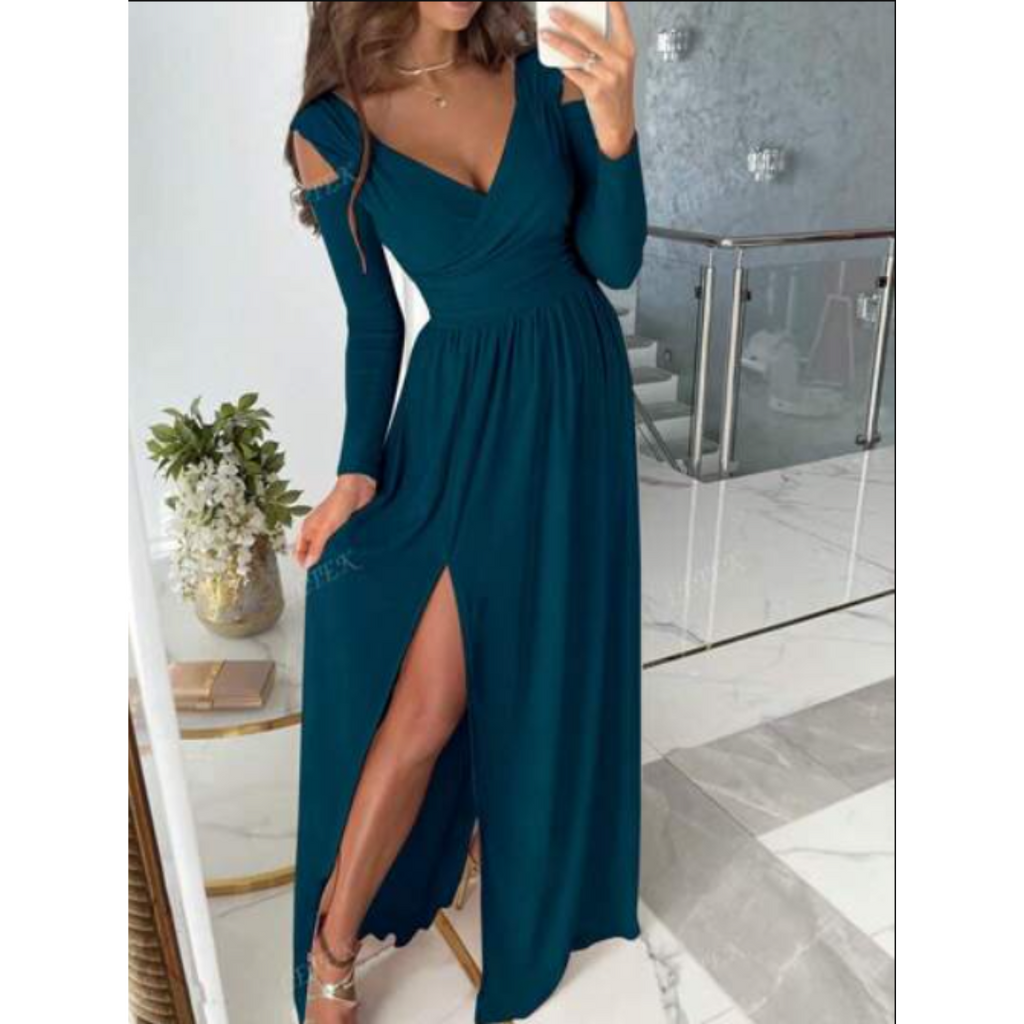 Robe de Soirée Longue Fendue Élégante Col V Manches Longues