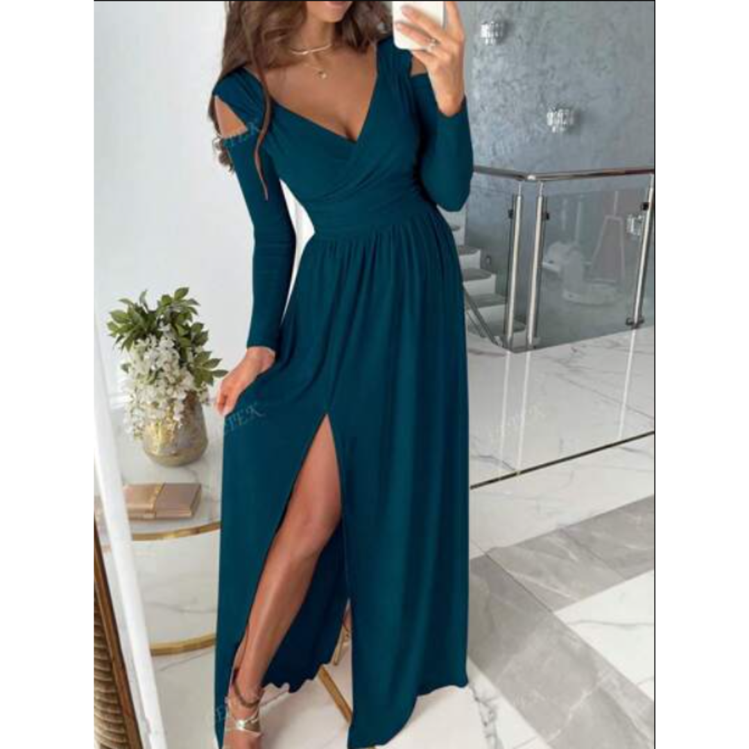 Robe de Soirée Longue Fendue Élégante Col V Manches Longues