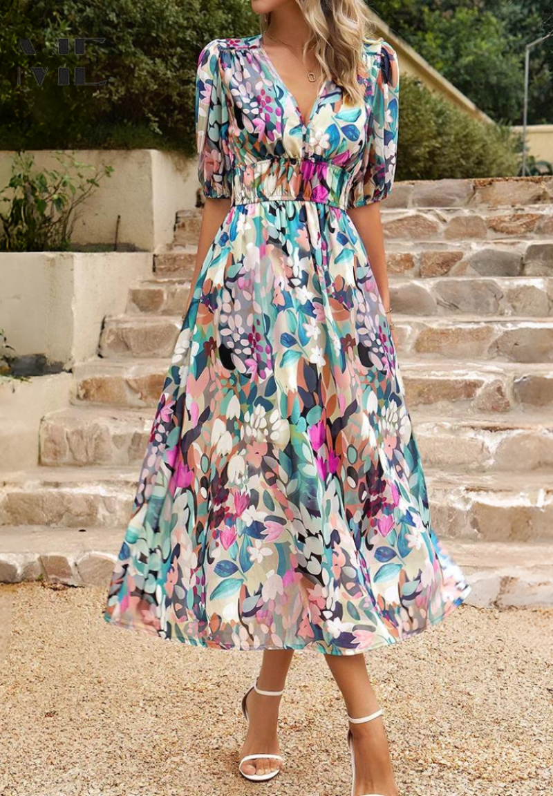 Robe Midi Florale Élégante avec Manches Bouffantes | Roxanne