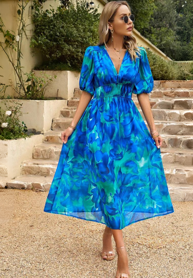 Robe Midi Florale Élégante avec Manches Bouffantes | Roxanne