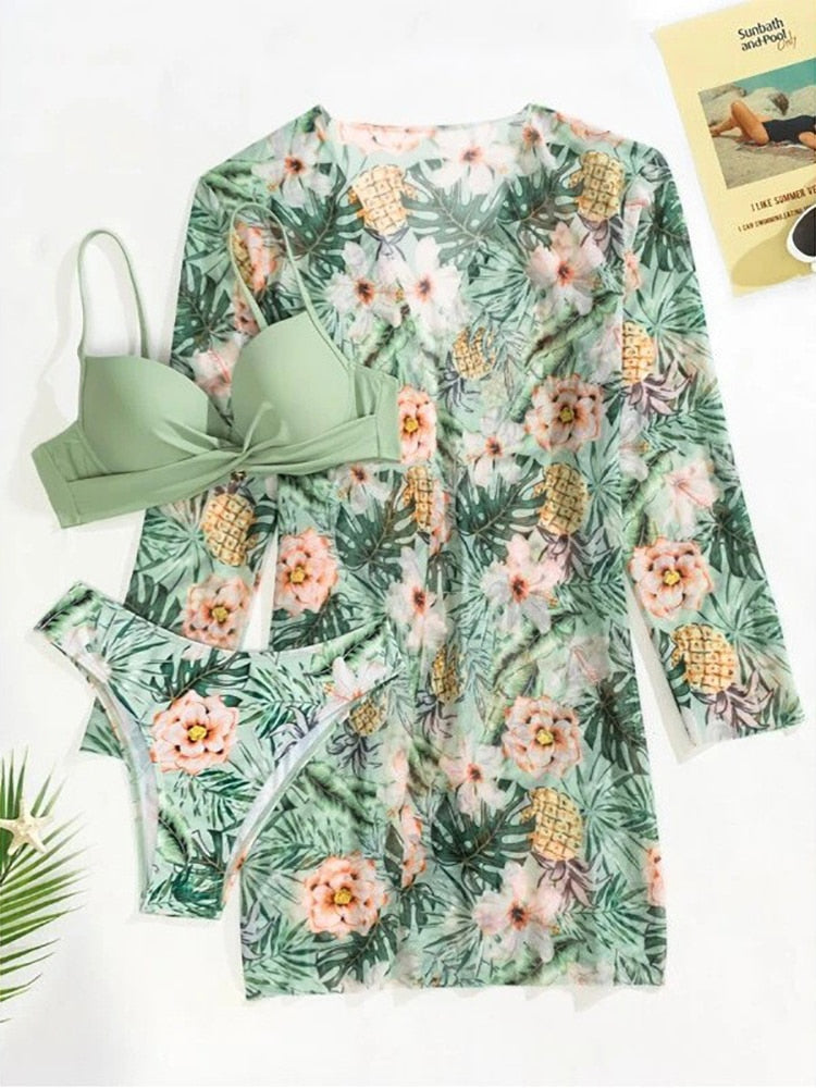 Women's Floral Bikini Beach Vacation 3-Piece Set with Cover-Up Dress Green Purple – Beach Flowers
