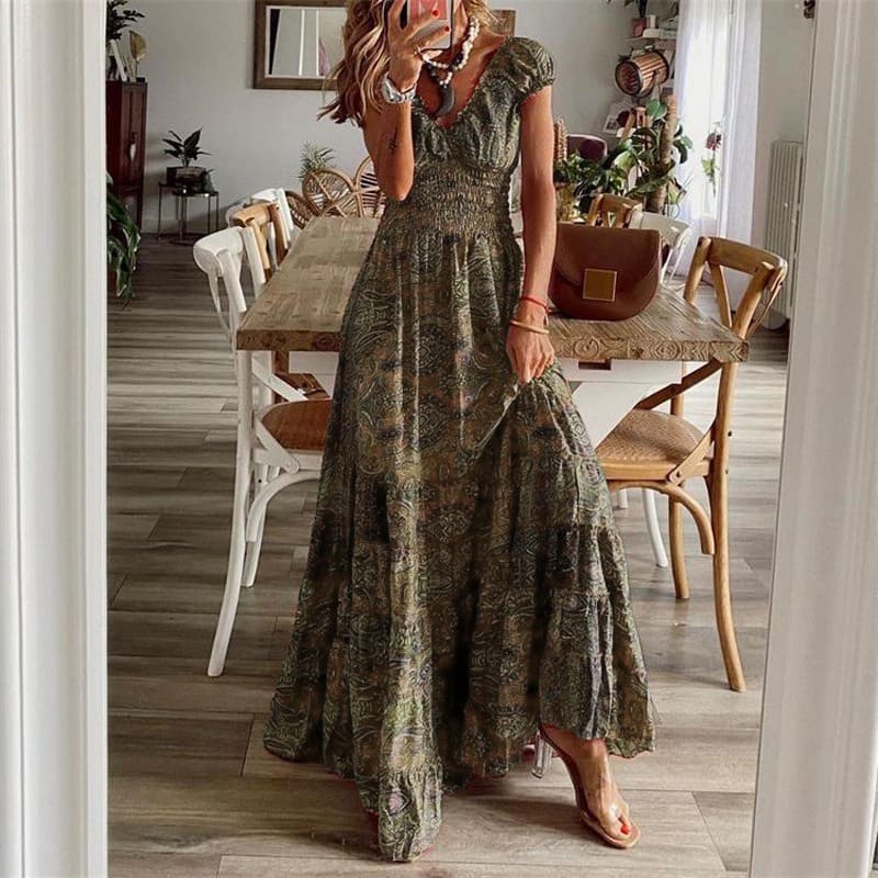 Vestido largo estampado boho con mangas cortas y entallado
