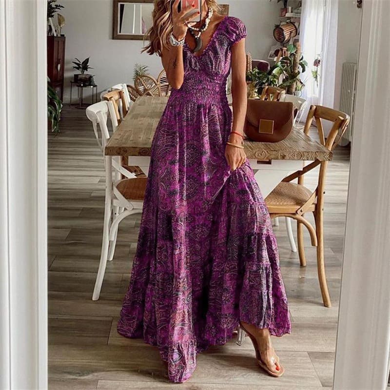 Vestido largo estampado boho con mangas cortas y entallado