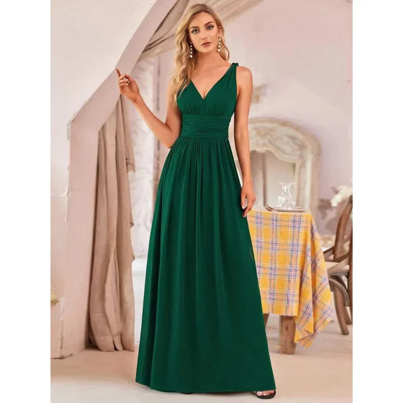 Long Sleeveless Dress with V-Neck