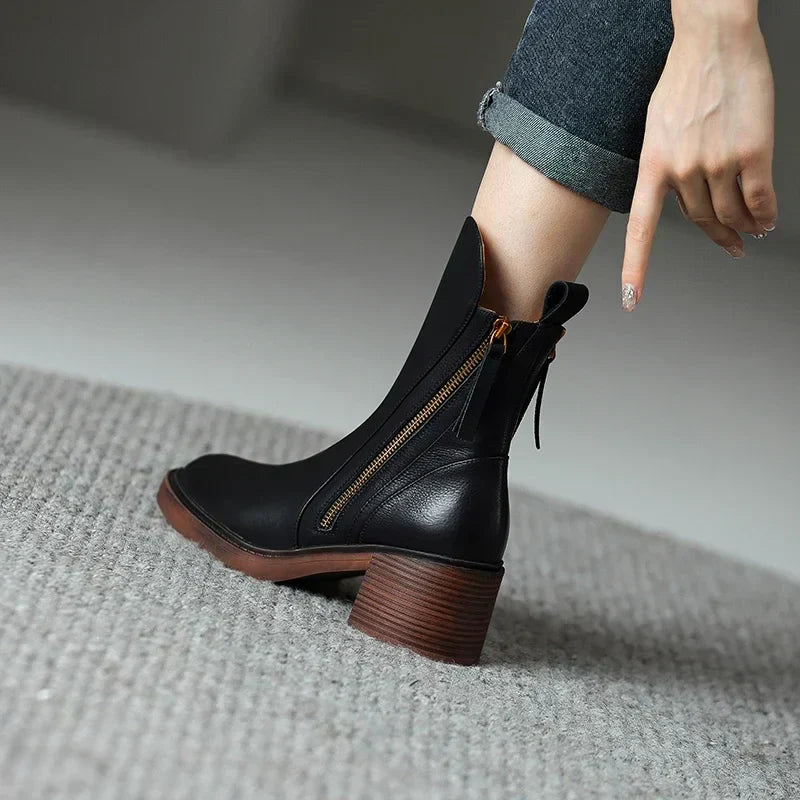 Bottines Femme à Talon Bloc avec Fermeture Éclair Latérale