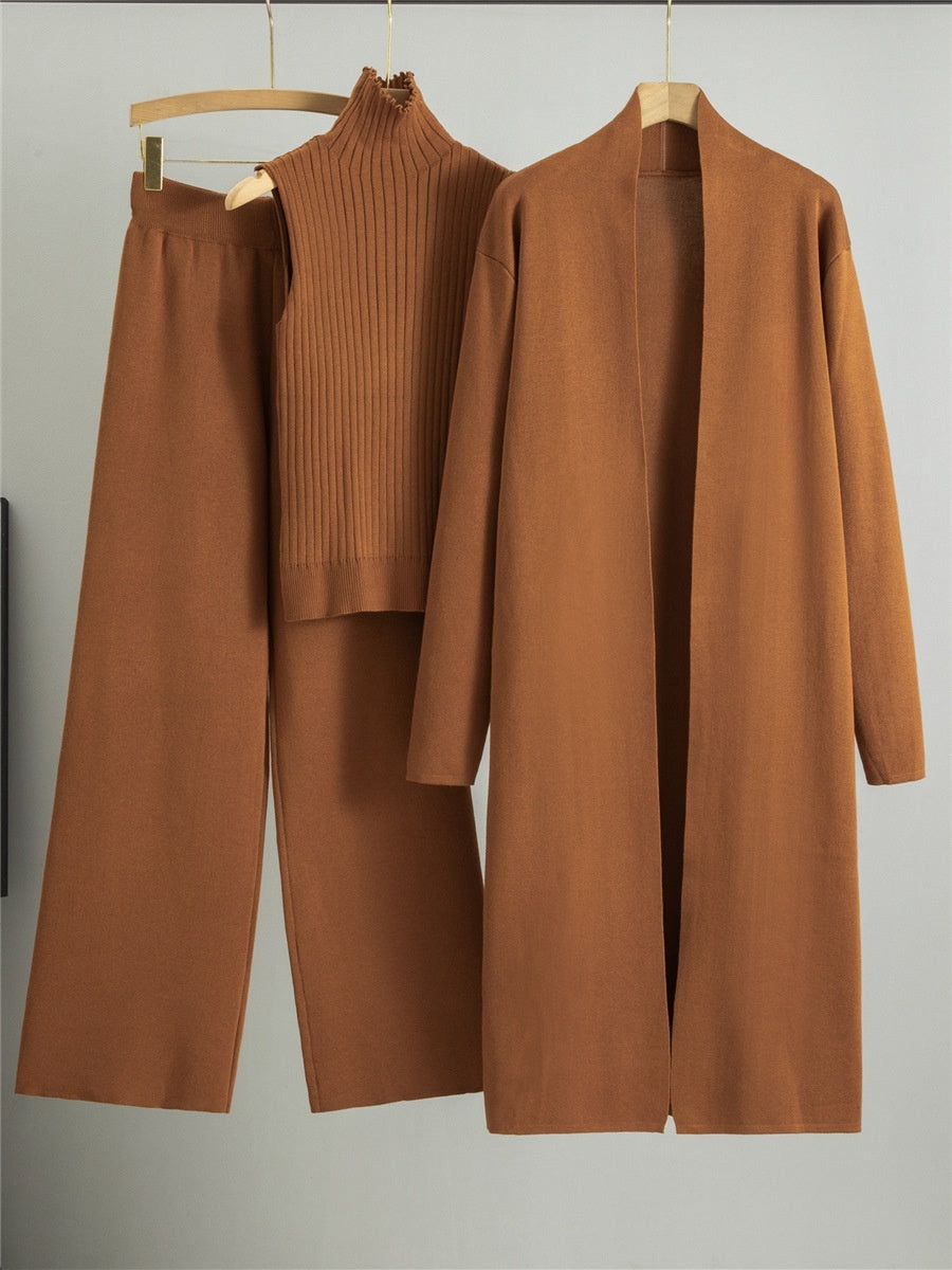 Ensemble 3 Pièces Femme – Cardigan Long, Gilet Sans Manches & Pantalon Large