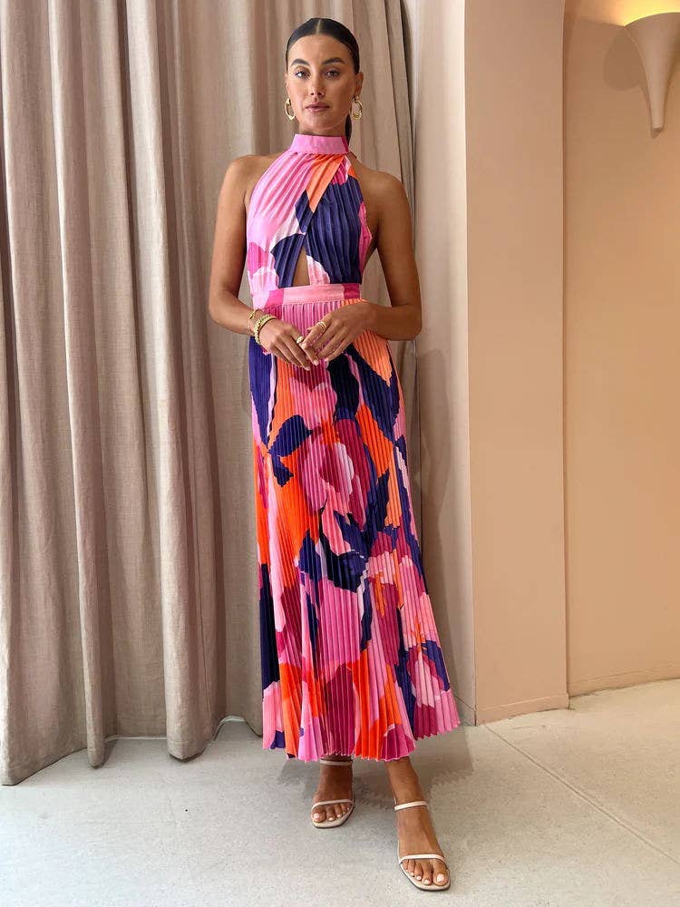 Abito lungo plissettato con collo all'americana stampato – Luna