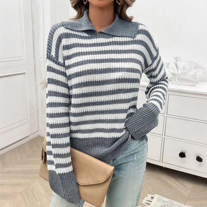 Top Femme Décontracté – Col Revers & Manches Longues Rayé