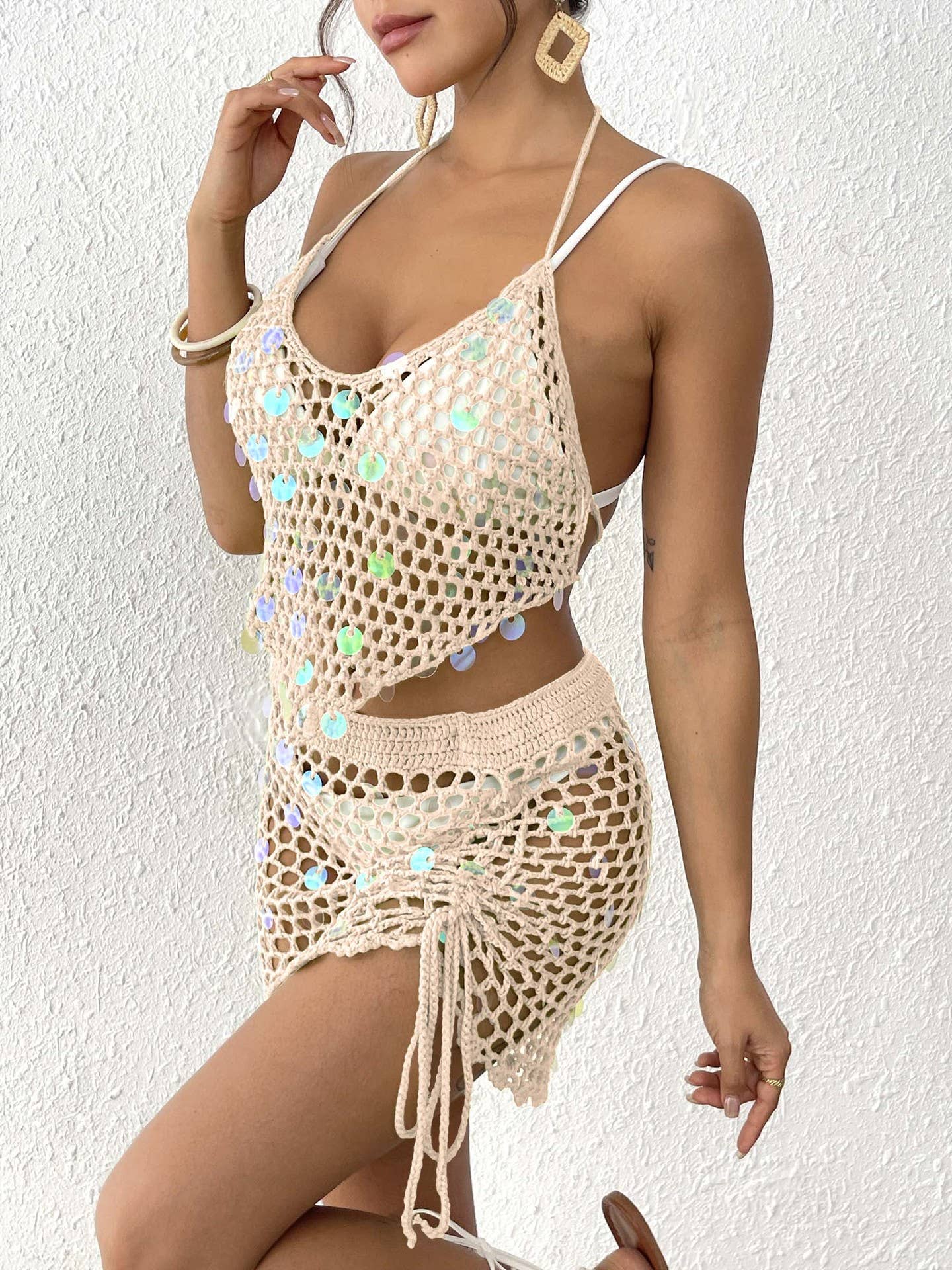 Completo Due Pezzi Donna all'Uncinetto con Paillettes – Top e Gonna da Spiaggia Regolabile