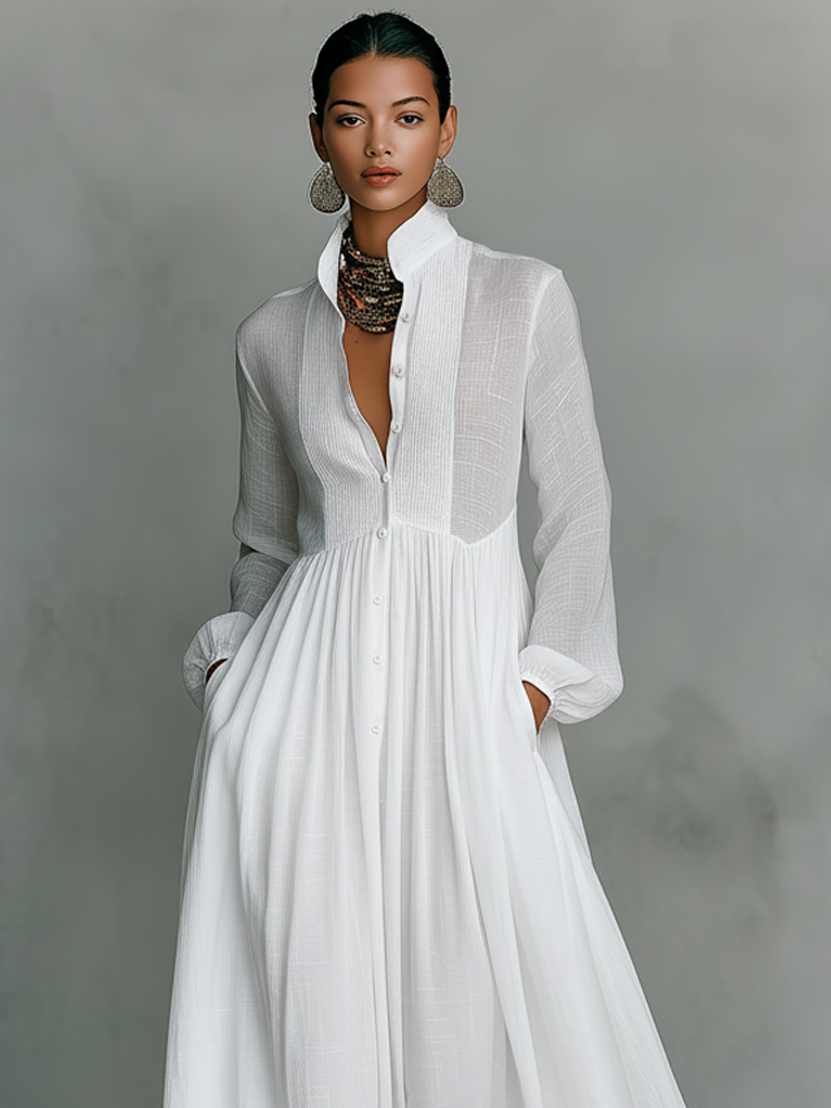 Robe Longue Femme en Coton Lin Manches Longues Col Montant Coupe Droite – Naturelle