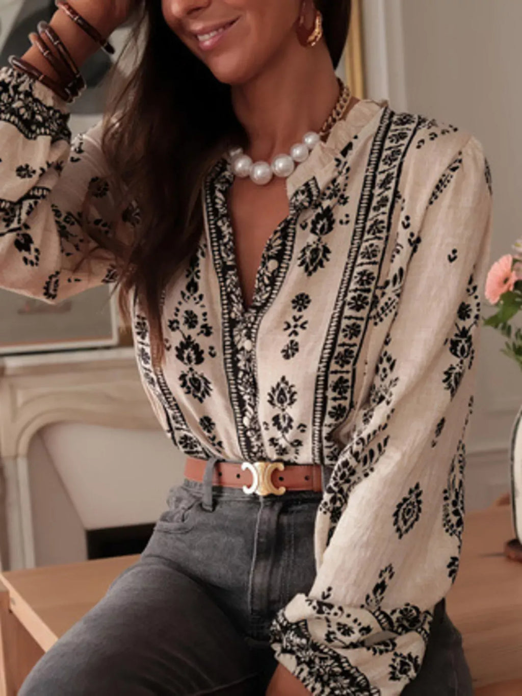 Blusa Estampada con Botones y Escote en V Estilo Boho Chic