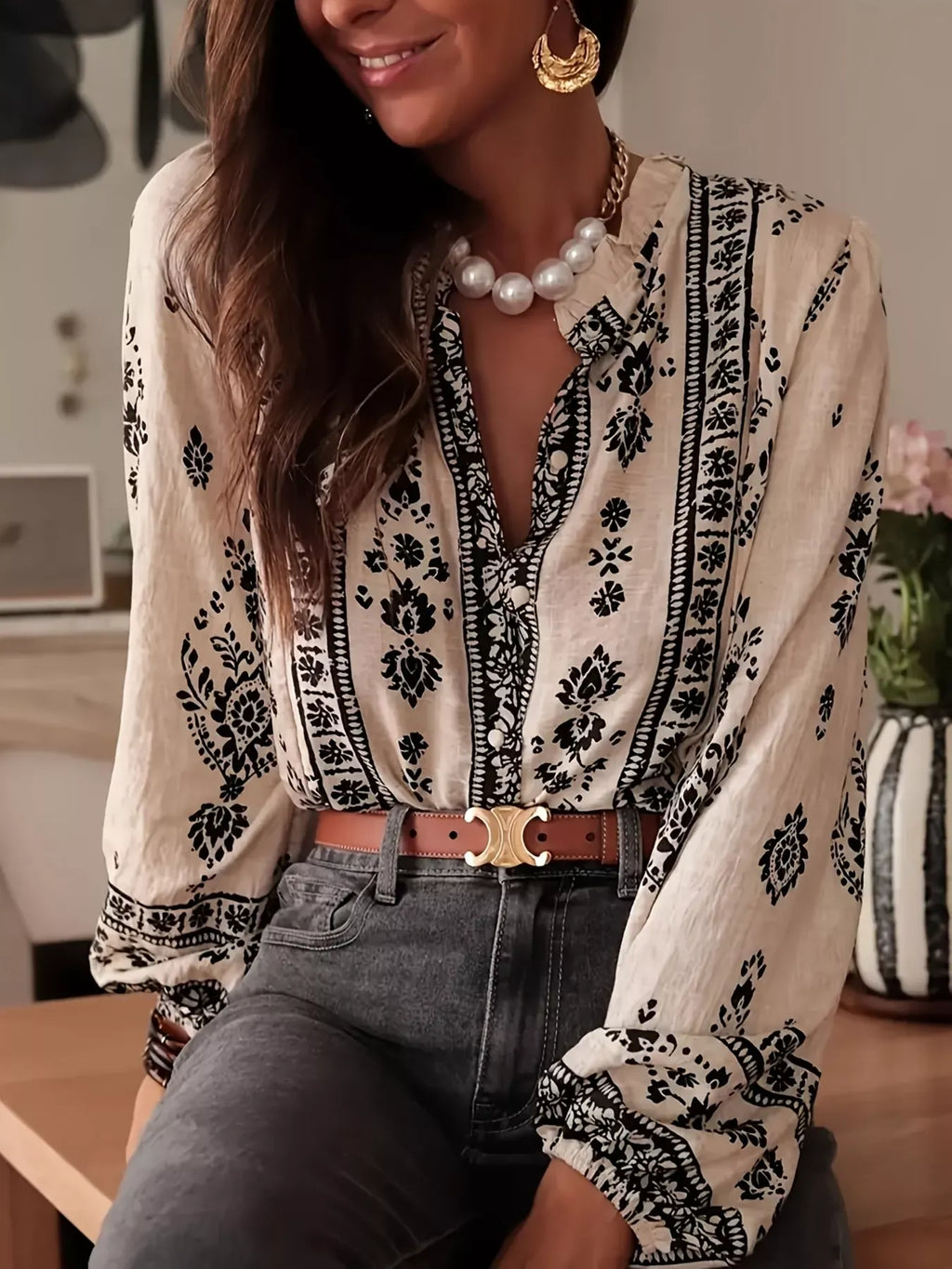 Blusa Estampada con Botones y Escote en V Estilo Boho Chic